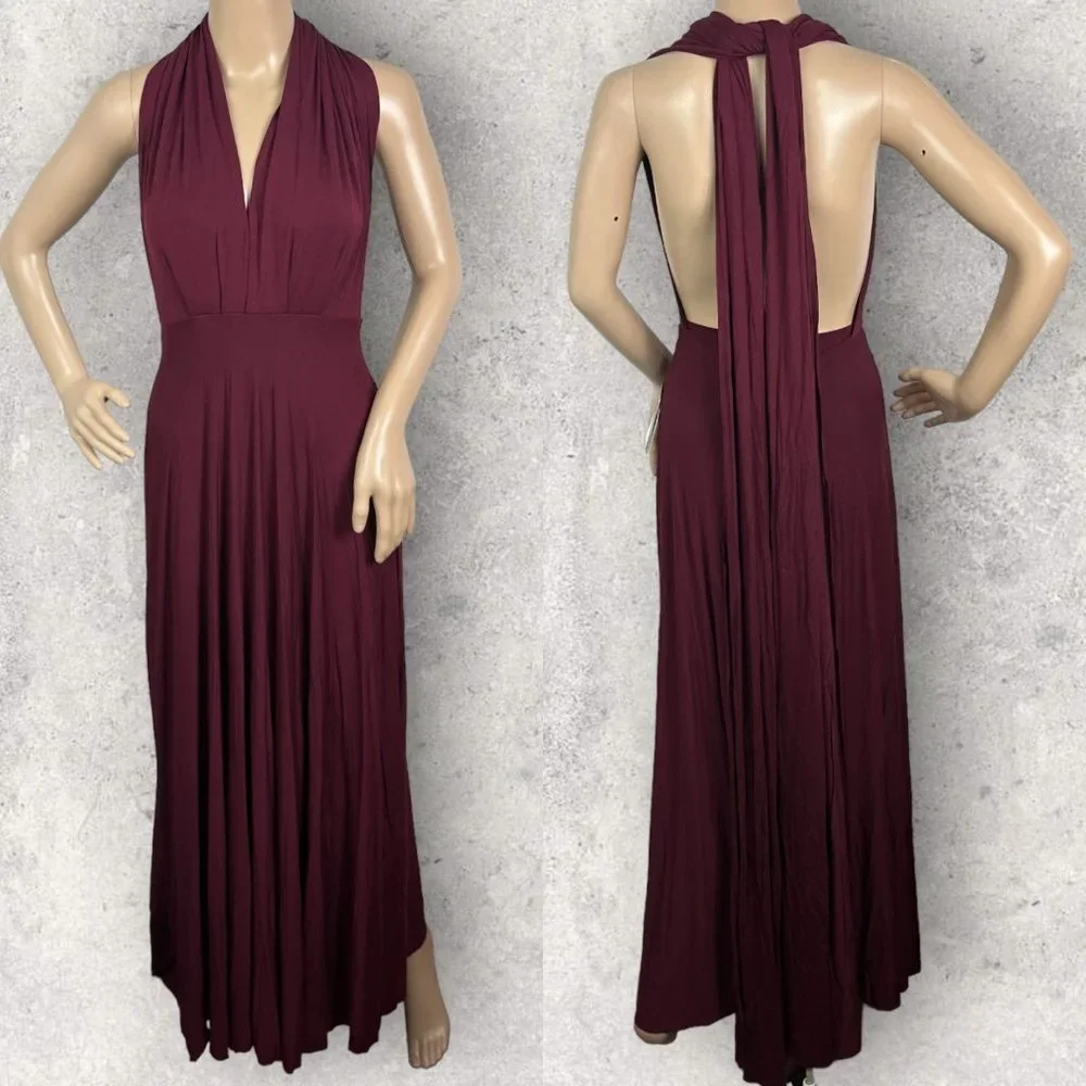 Lulus Convertible Maxi Dress Bugundy Tricks of Trade Size XS Bridesmaid Boho NWT - Picture 3 of 11